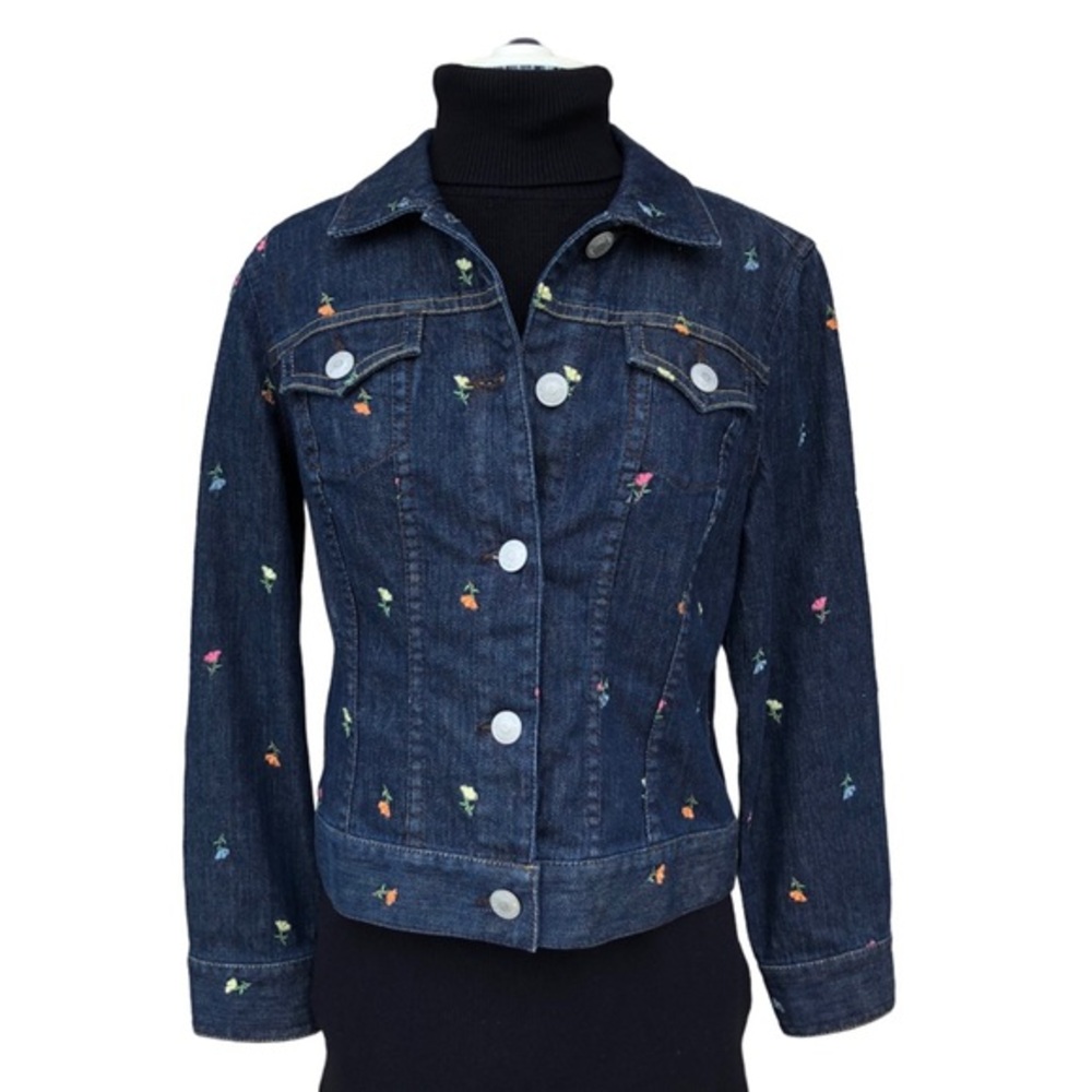 Liz Claiborne Cotton Bled Dark Wash Flap Pockets Button Up Embroidered Jacket MP